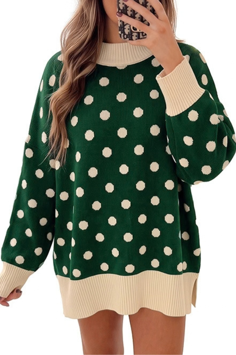 Women's Fall Christmas Polka Dot Long Knit Mockneck Sweater