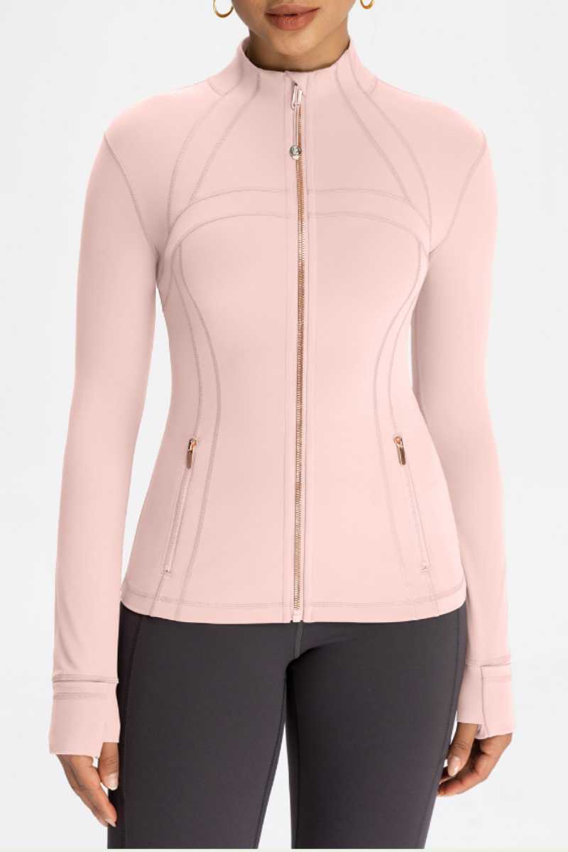 Gold-colored zipper-fastened jacket with a stand-up collar