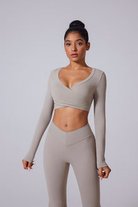 Women'S V-Neck Brushed Cross-Fold Sports Tight Long Sleeves