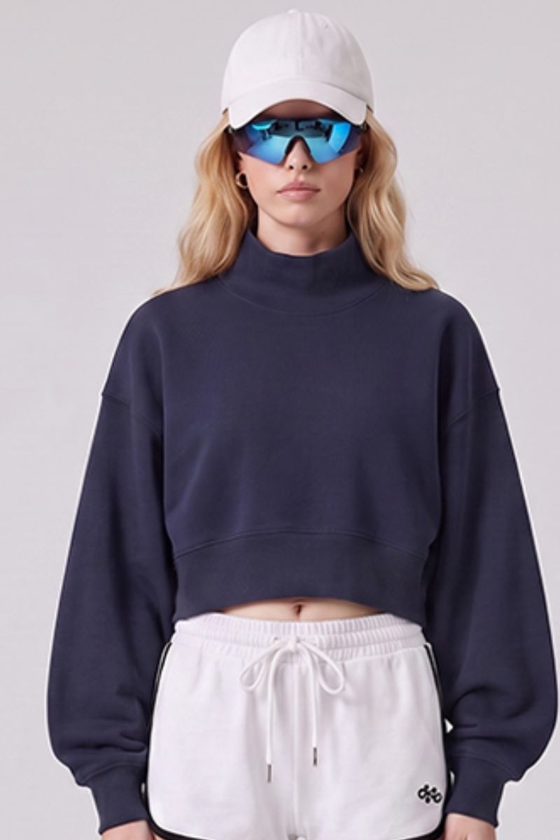 Women's Fall Boutique Style Balloon Sleeves Cropped Mock Neck Sweatshirt