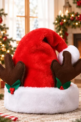 Unisex Christmas Santa Hat Plush with 3D Reindeer Antler