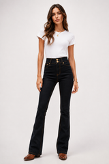 Women's High Waist Double Button Slim Fit Flare Jeans