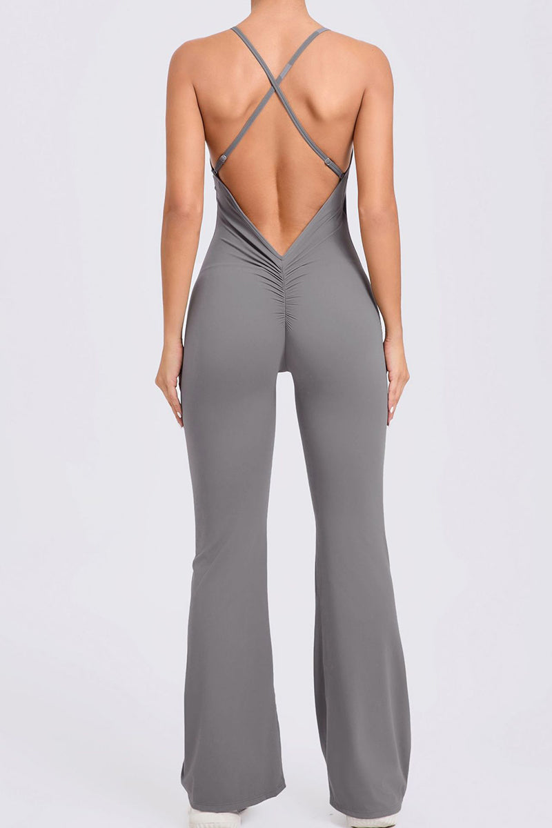 Women Adjustable Straps Flare Hollow Out Hip Lift Yoga Sports Fitness Bodysuit