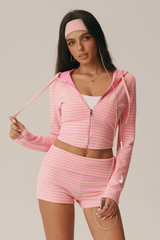 Women's Striped Hooded Zip Crop Jacket & High Waist Shorts