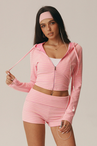 Women's Striped Hooded Zip Crop Jacket & High Waist Shorts