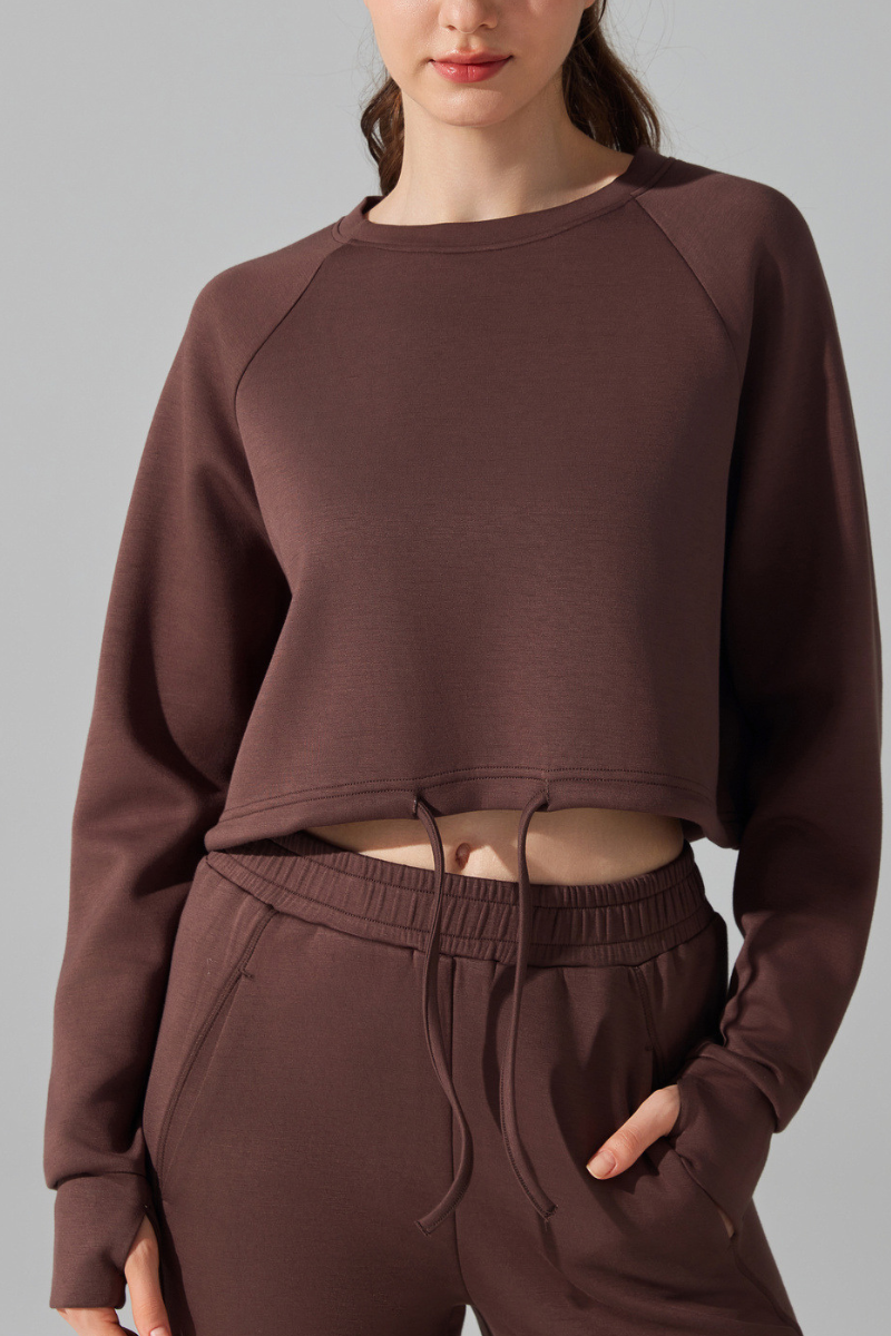 Women's Cropped Drawstring Long Sleeve Athletic Sweatshirt