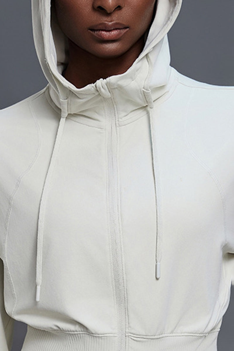 Women Hooded Short Waist-Tie Open-Front Yoga Sportswear Jacket