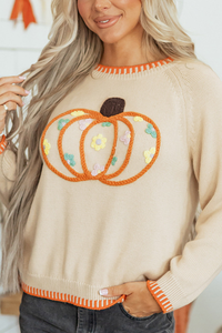 Women's Fall Halloween Pumpkin Floral Applique Knit Sweater