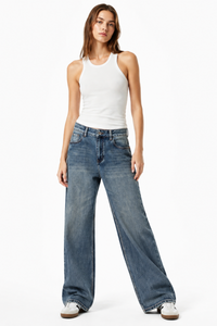 Women's 100% Cotton High Waist Wash Straight Leg Jeans