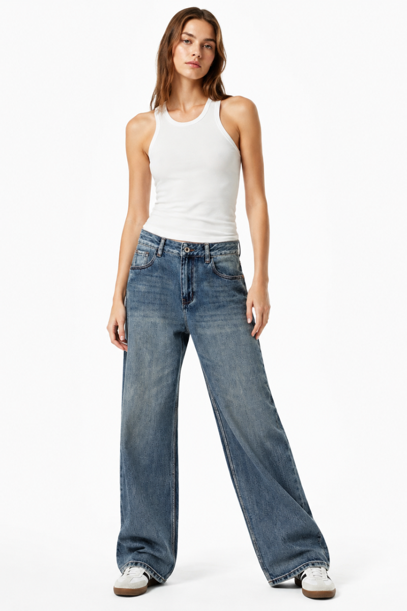 Women's 100% Cotton High Waist Wash Straight Leg Jeans