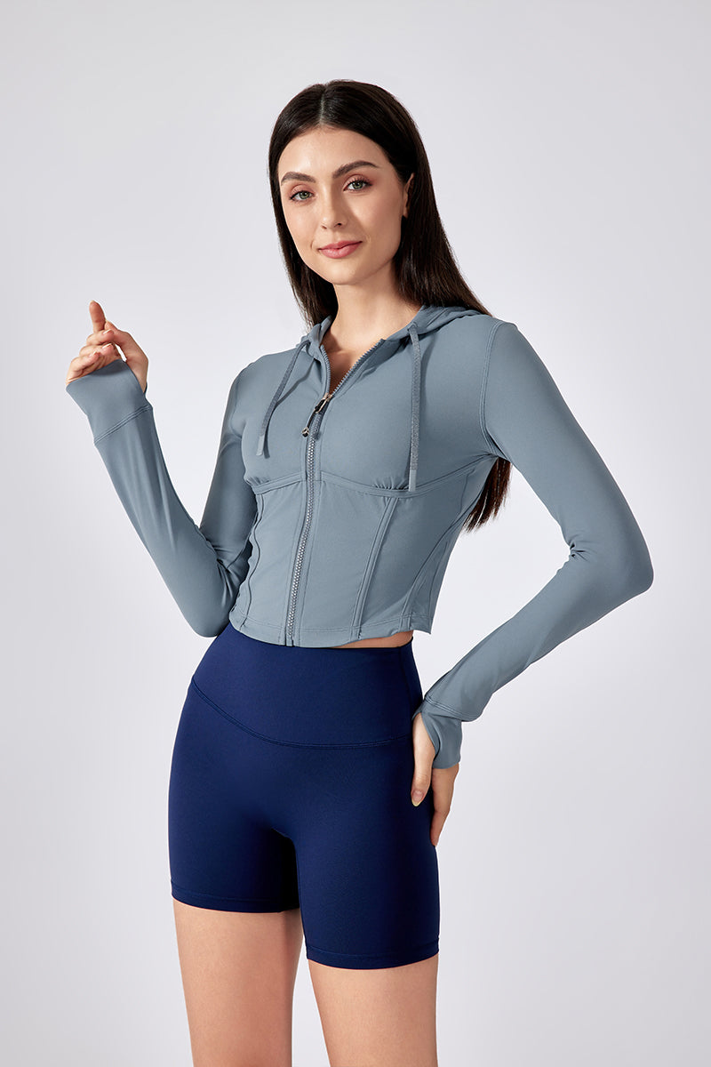 Women Hooded Drawstring Short Slim Outdoor Sports Fitness Yoga Jacket