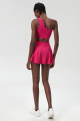 Women Wave Scoop-Neck Seamless Plus Size Tennis Set - Quick-Dry One-Shoulder Bra & Ruffle Hem Skirt