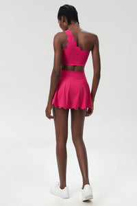 Women Wave Scoop-Neck Seamless Plus Size Tennis Set - Quick-Dry One-Shoulder Bra & Ruffle Hem Skirt