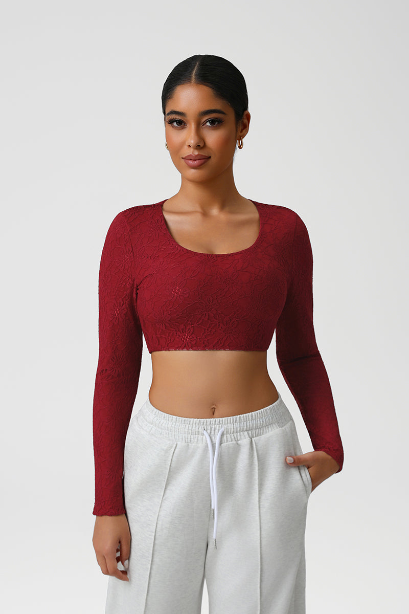 Women Lace Square Neck Cropped Yoga Long Sleeves