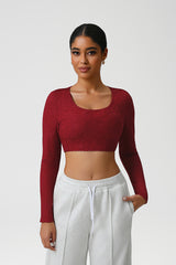 Women Lace Square Neck Cropped Yoga Long Sleeves