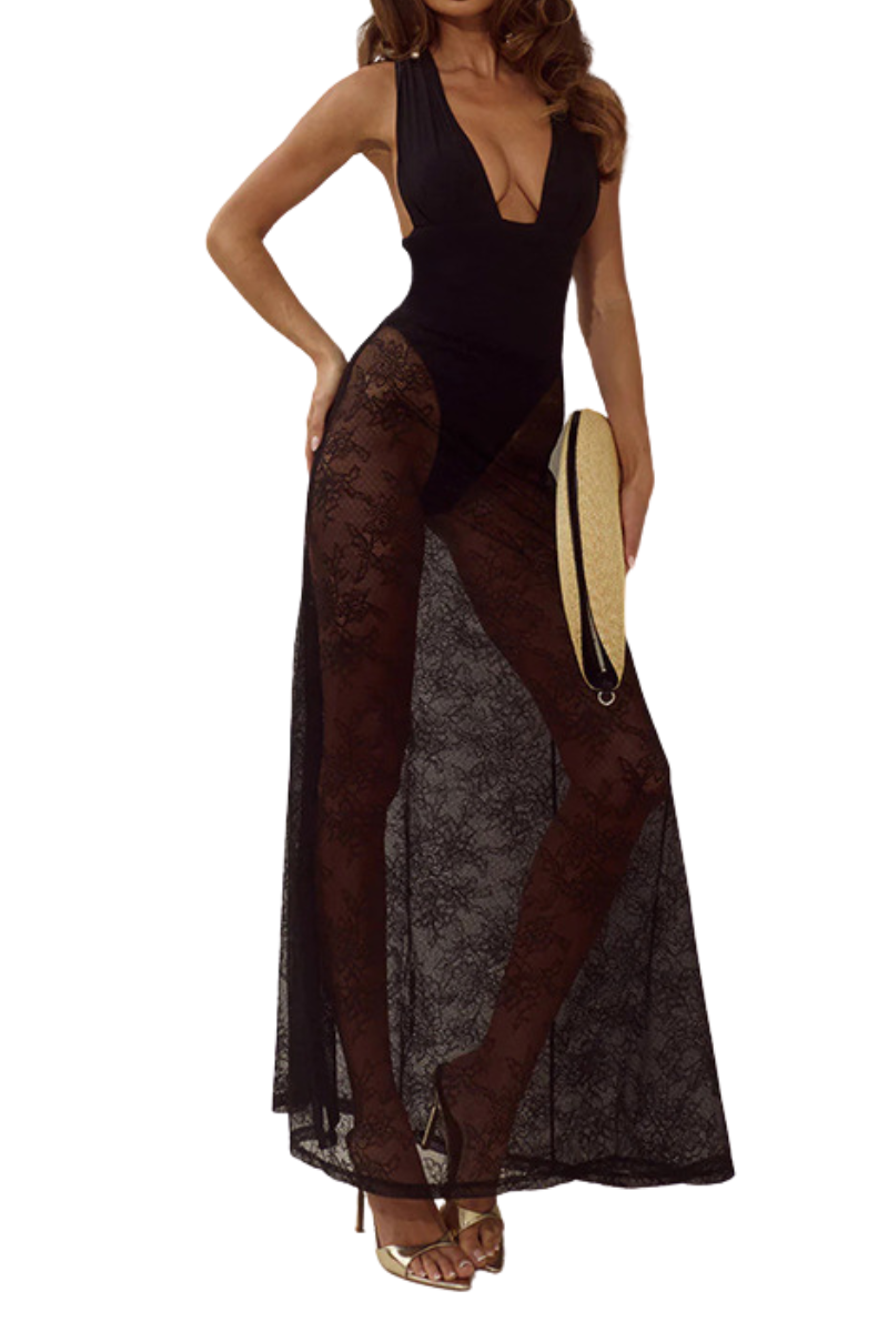 Women's Sexy Lace V Neck Backless One Piece Set - Solid