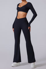 Women'S Brushed Skinny Shaping High Waist Fitness Athleisure Yoga Wear Set¡êoLong Sleeves + Flared Pants