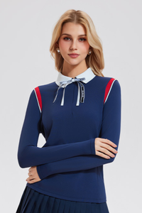 Women's Athletic Color Block Polo Collar Long-Sleeved Top