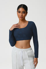 Women Lace Square Neck Cropped Yoga Long Sleeves