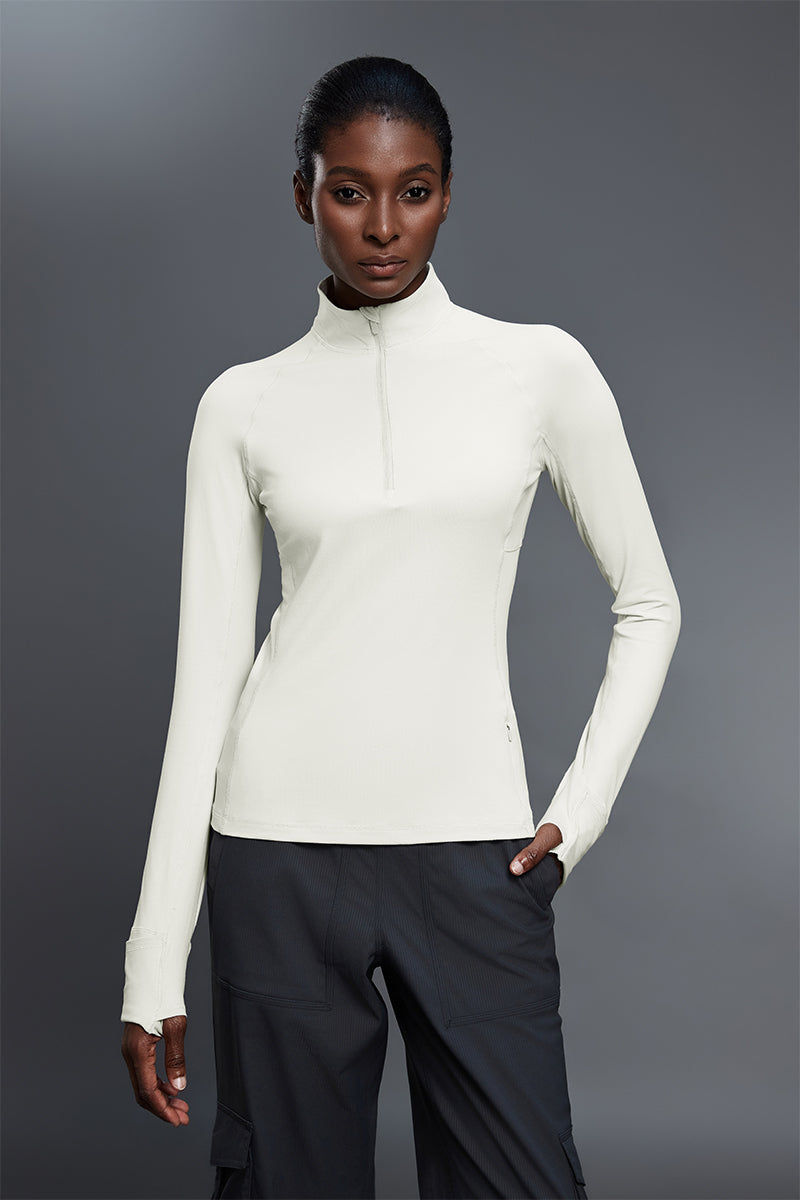 Women Stand Collar Half Zip Slim Fit Workout Long Sleeve Top