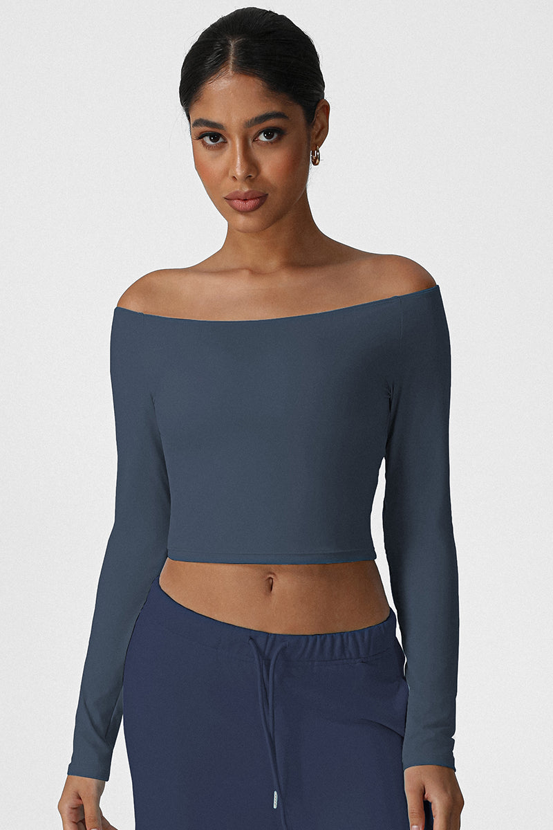 Women Off-Shoulder High-Stretch Yoga Fitness Long Sleeve Top
