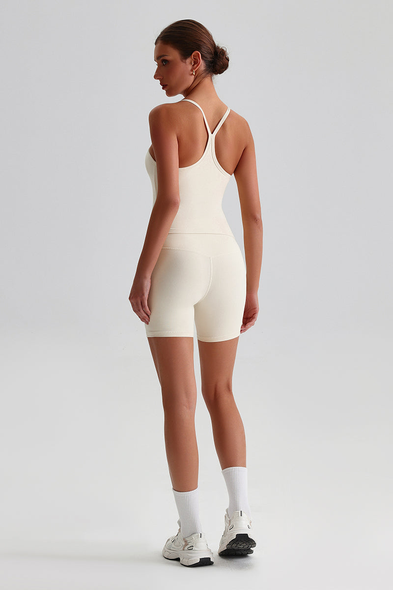 Women High-Waisted Peach Booty Yoga Set: Seamless Crotch Shorts + Y-Back Sports Bra