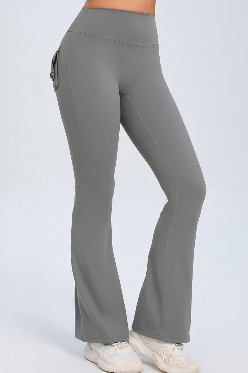 Women Button High Waist Wide Leg Peach Lift Hip Micro Pants Fitness Sports Quick Dry Yoga Pants