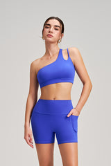 Women Single Shoulder Backless Yoga Set: Crisscross Strap Sports Bra + Shorts