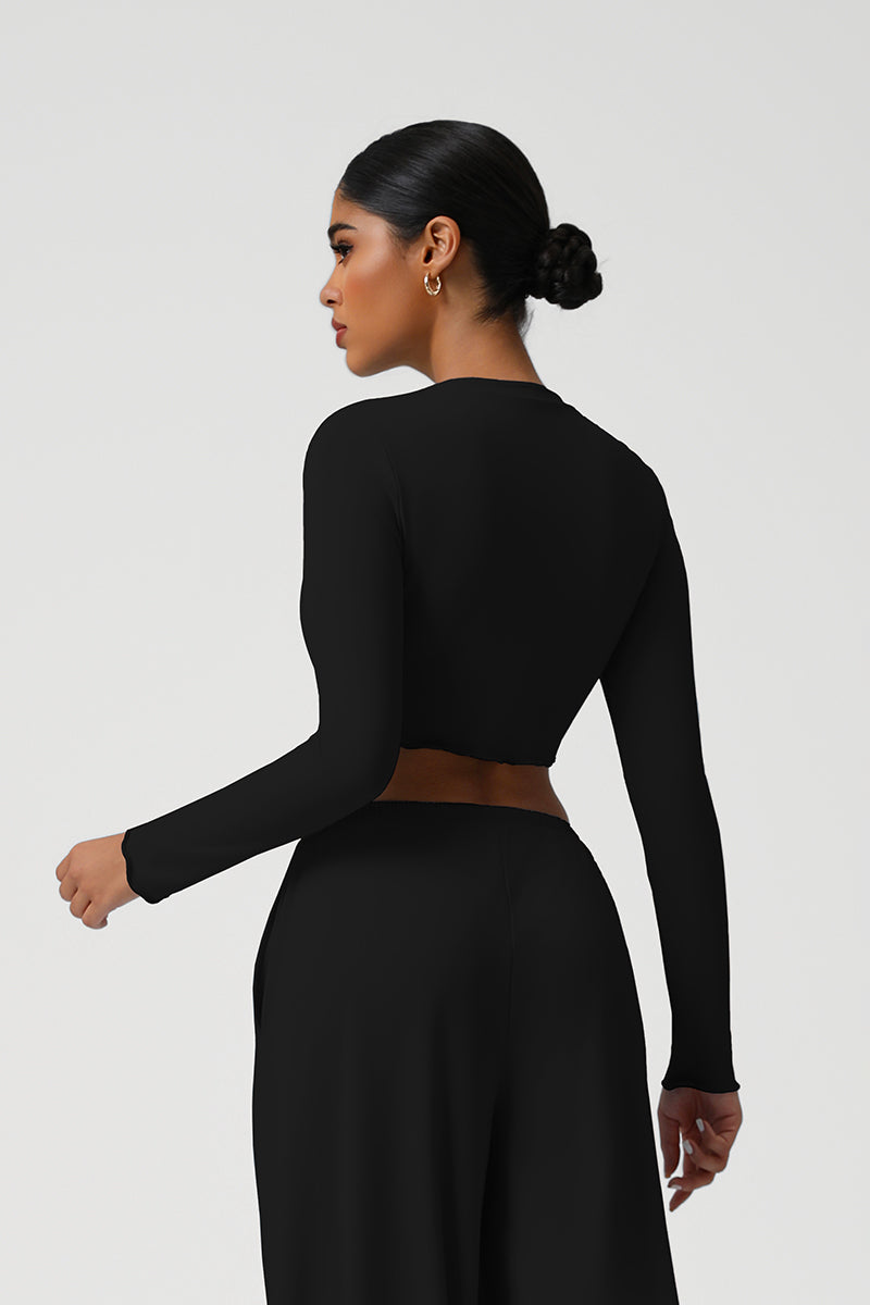 Women Slim Fit Wave Hem Yoga Long Sleeves