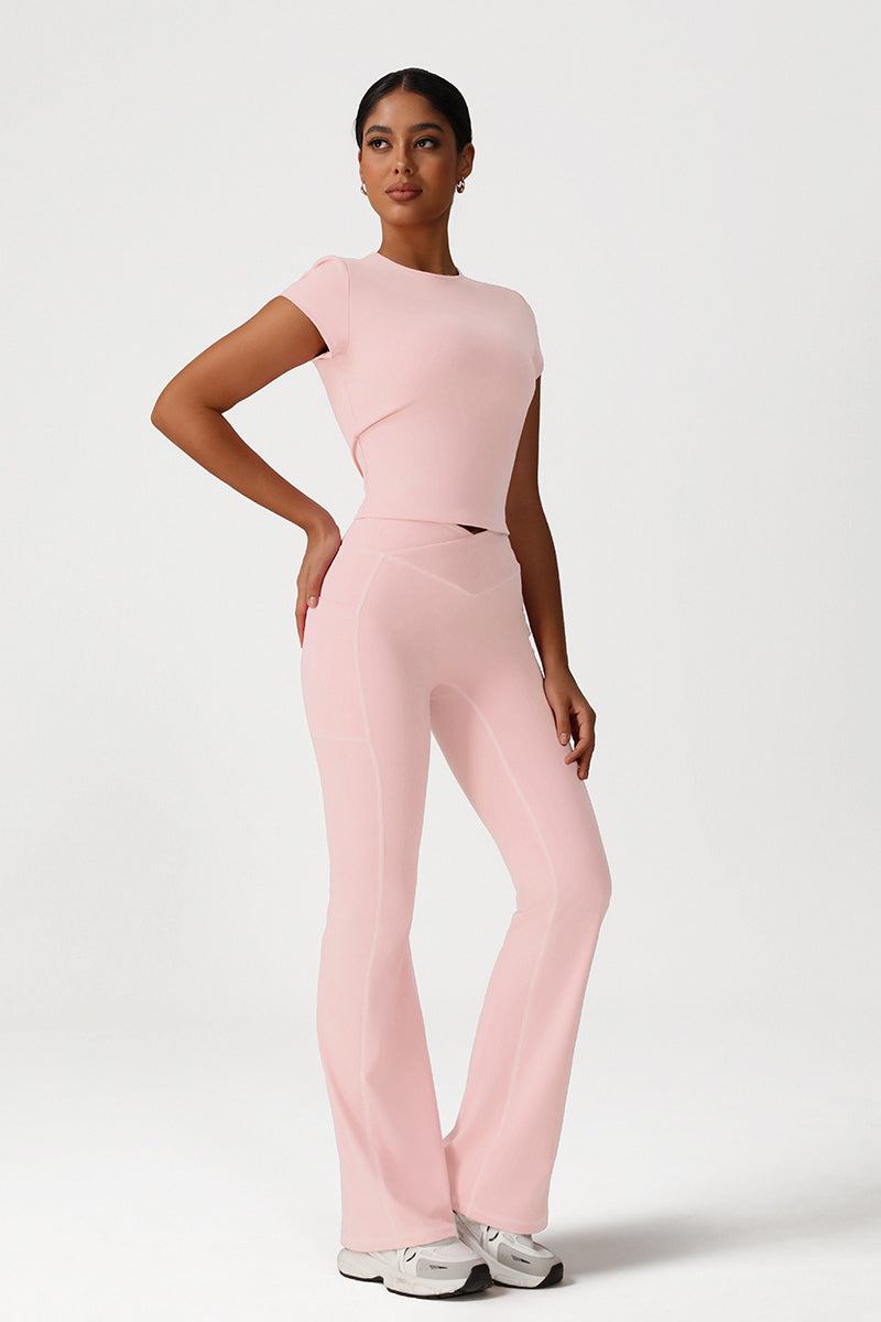 Women Naked Feel Yoga Set: Short Sleeve Top + Flared Pants