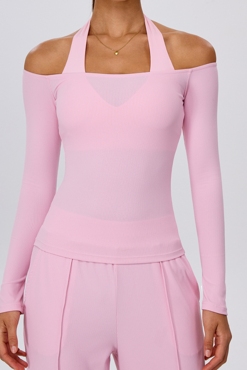 Women's Off Shoulder Breathable Ribbed Yoga Long Sleeve Top