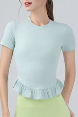 Women's Crew Neck Ruffle Hem Sports Short Sleeve Top