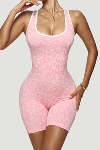 Women's Pink Leopard-Print Crisscross Back Gym Jumpsuit