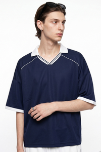 Men's V-Neck Contrast Trim Polo Collar Sports T-shirt