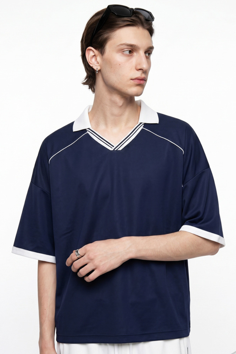 Men's V-Neck Contrast Trim Polo Collar Sports T-shirt