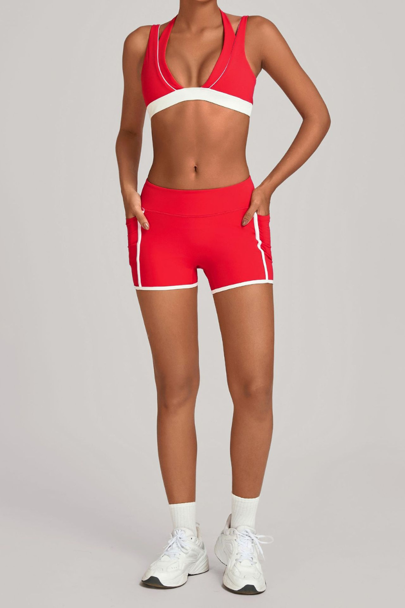Women's Athletic Set:Halterneck Bra And Side Pockets Shorts