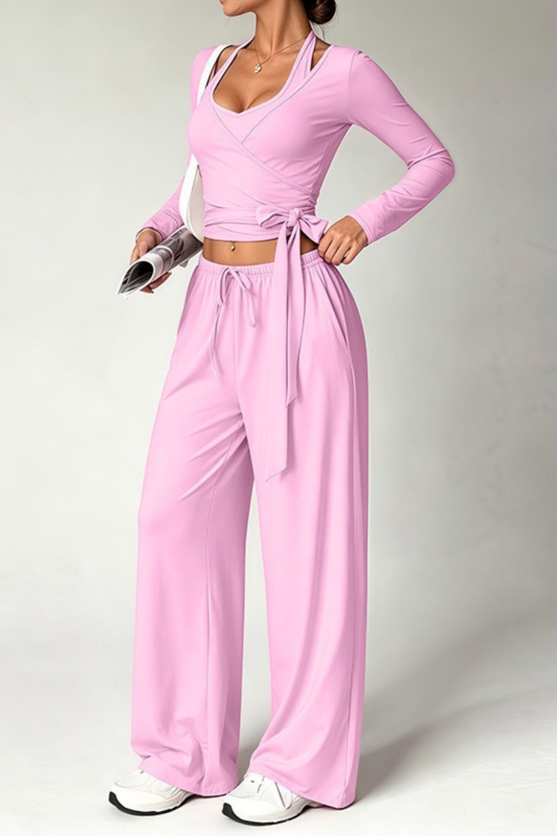 Women Fall Set:Tank Top & Wrap Tie Long Sleeve Top & Pants