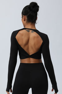 Women Back Twist Sport Crop Long Sleeve Shirt