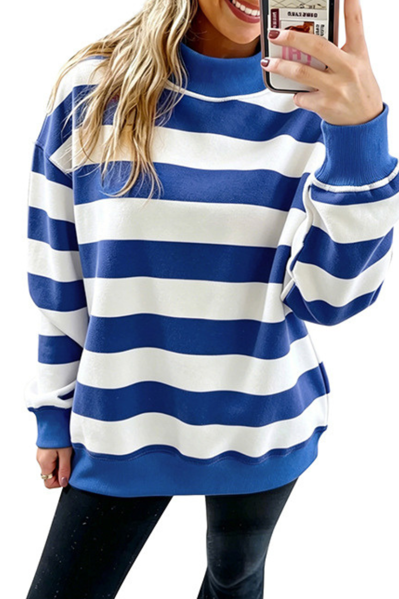 Women's Fall Striped Color Block Relaxed Mockneck Sweatshirt