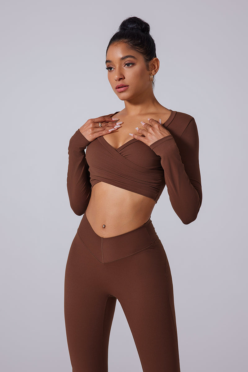 Women'S V-Neck Brushed Cross-Fold Sports Tight Long Sleeves