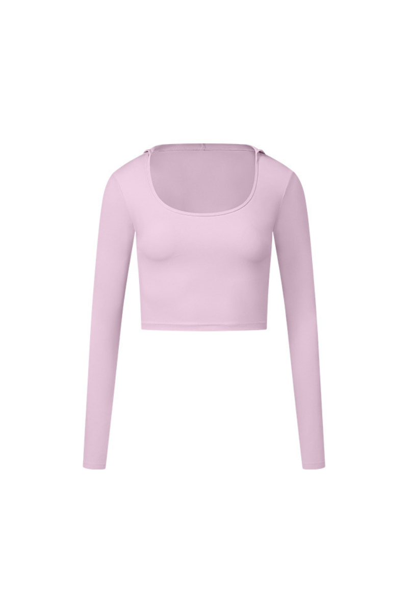 U-Neck Hooded Long-Sleeve Top with Naked Feel Fabric