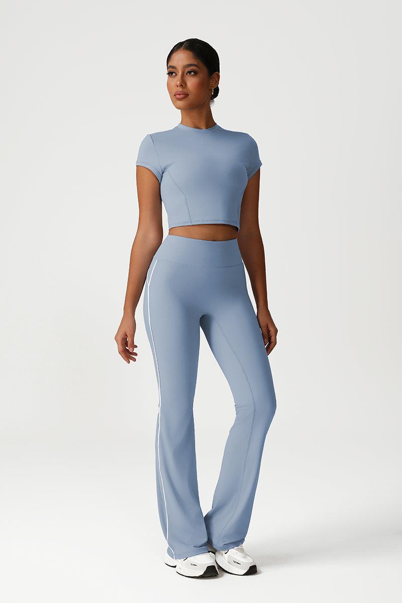 Women Seamless High Waisted Flared Yoga Set: Cropped T-Shirt + Flared Leggings