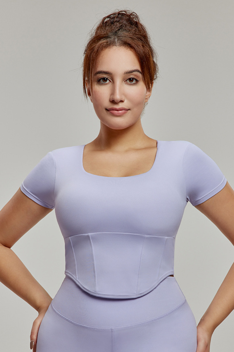 Plus-Size Women's Square Neck Corset Waist Sports T-shirts