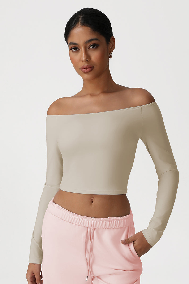 Women Off-Shoulder High-Stretch Yoga Fitness Long Sleeve Top