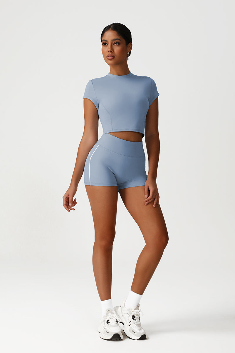 Women Seamless High Waisted Workout Set: Cropped Tee + Peach Lifting Shorts