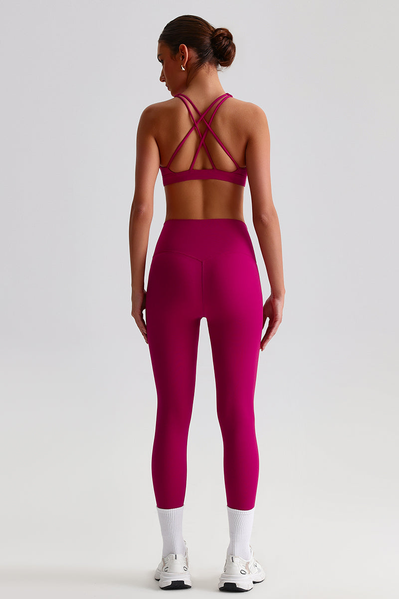 Women Brushed Cross-Back Slim-Fit Yoga Set: High-Waisted Butt-Lifting Outdoor Running Leggings + Round Neck Sports Bra