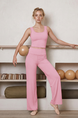 Women's Lace Trim Tank Top And Wide Leg Pants Workout Set