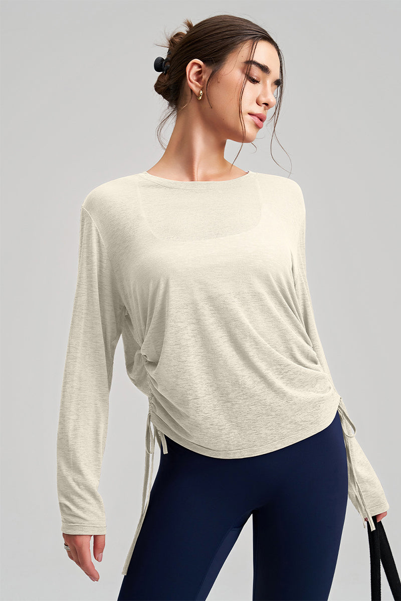 Women Round Neck Yoga Cover Long Sleeve Side Drawstring Loose Fit Sports Top