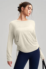 Women Round Neck Yoga Cover Long Sleeve Side Drawstring Loose Fit Sports Top