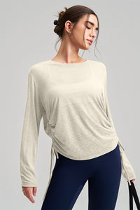 Women Round Neck Yoga Cover Long Sleeve Side Drawstring Loose Fit Sports Top